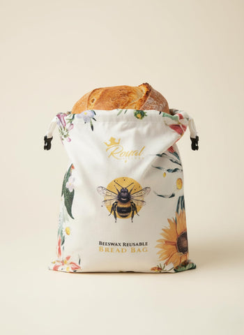 Royal Kitchen reusable sourdough bread bag closed with loaf for everyday freshness.