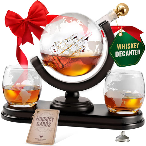 Royal Reserve globe decanter with etched world map enhances display