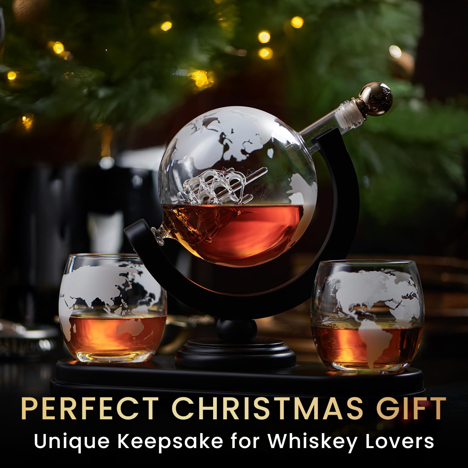 Royal Reserve globe decanter on wooden stand offers sturdy, elegant storage