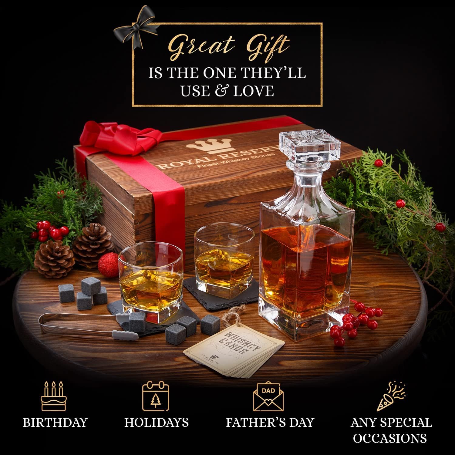 Royal Reserve whiskey glasses set pairs perfectly with the decanter for refined tasting.