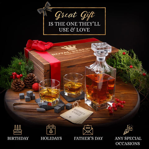 Royal Reserve whiskey glasses set pairs perfectly with the decanter for refined tasting.