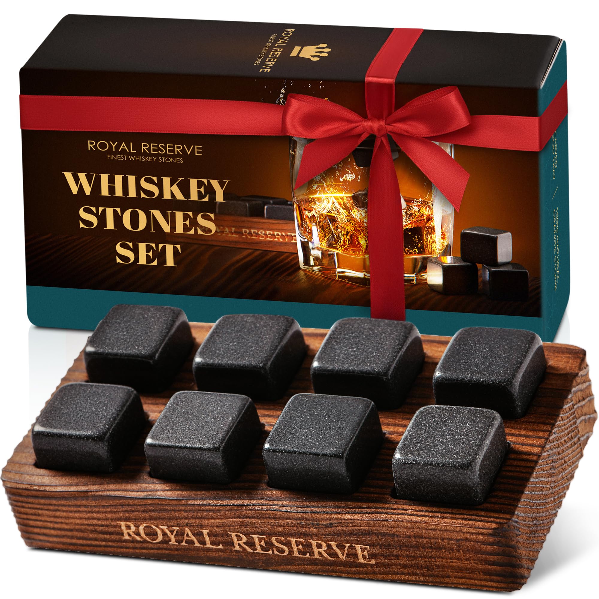 Royal Reserve whiskey stones gift set with handcrafted wood tray for elegant gifting.