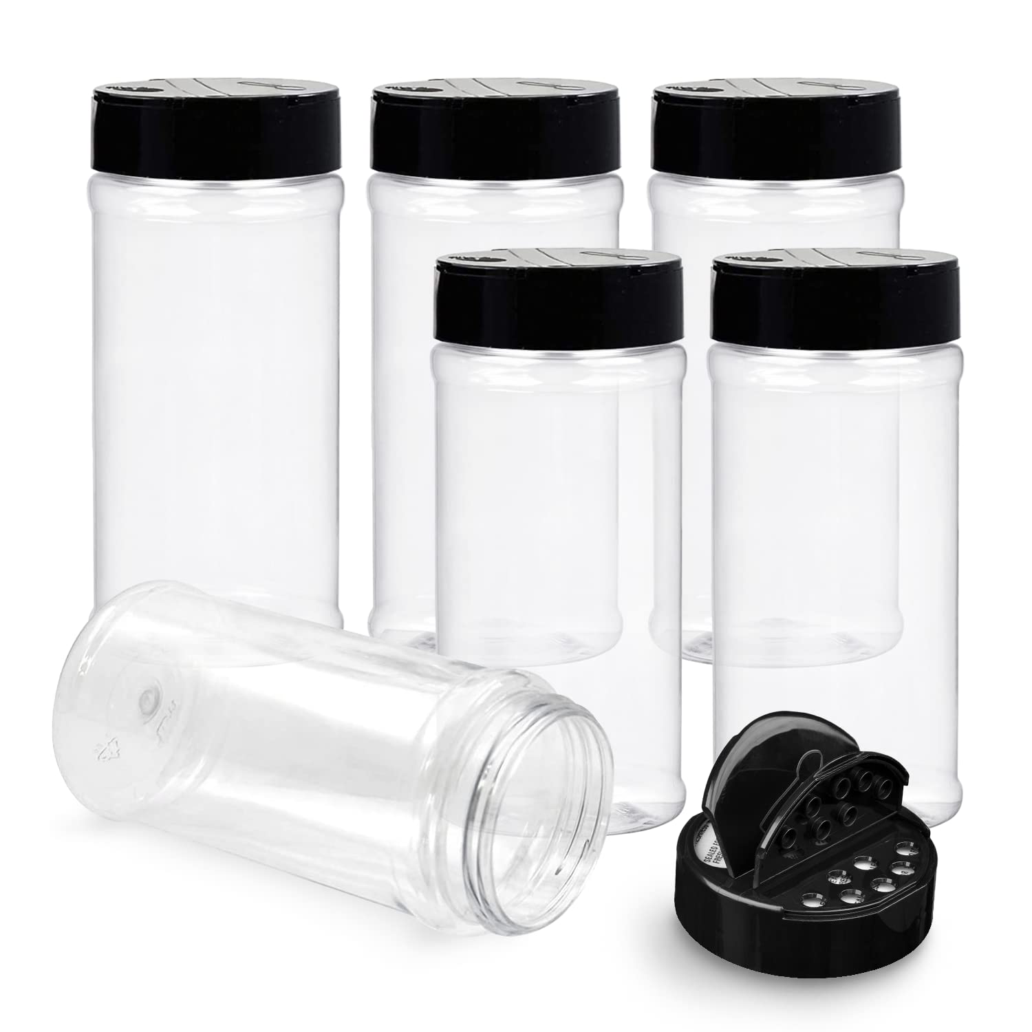 RoyalHouse 6-pack spice jars with black caps for easy, mess-free storage.