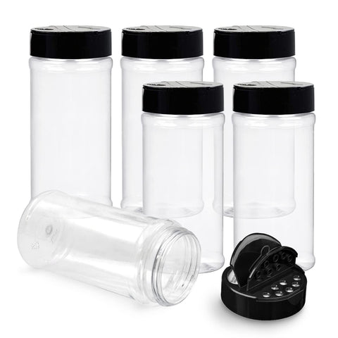 RoyalHouse 6-pack spice jars with black caps for easy, mess-free storage.