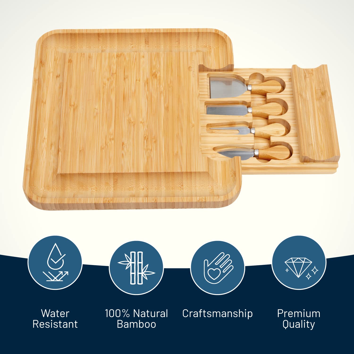 RoyalHouse bamboo cheese board knives neatly stored in slide-out drawer for easy access