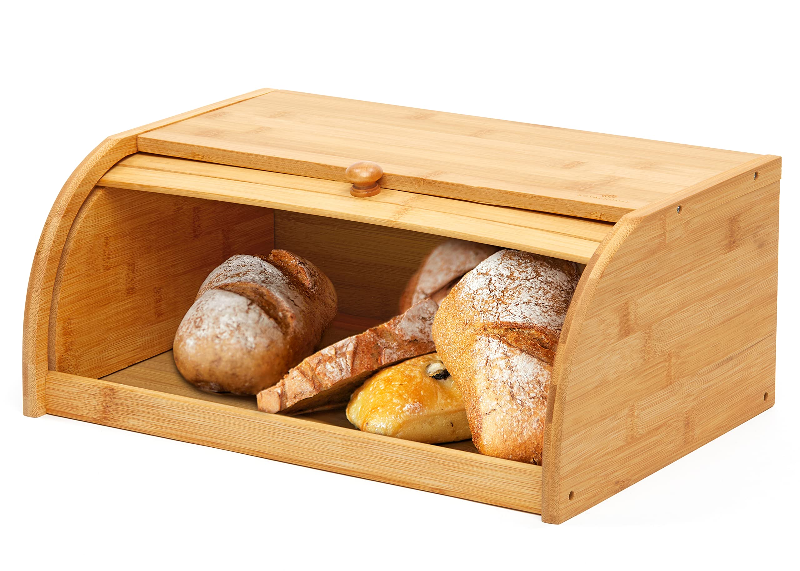 RoyalHouse bamboo roll-top bread box, front view, keeps bread organized and ready.