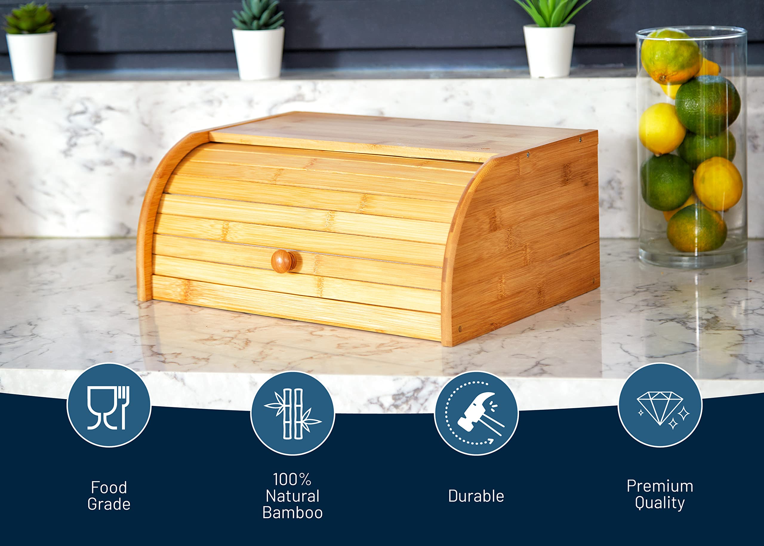 RoyalHouse bamboo roll-top bread box, lid closed, preserves freshness with tight seal.
