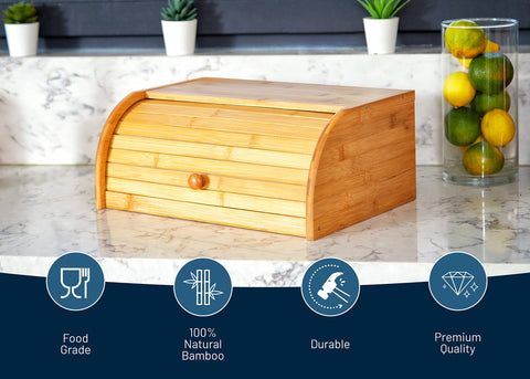 RoyalHouse bamboo roll-top bread box, lid closed, preserves freshness with tight seal.