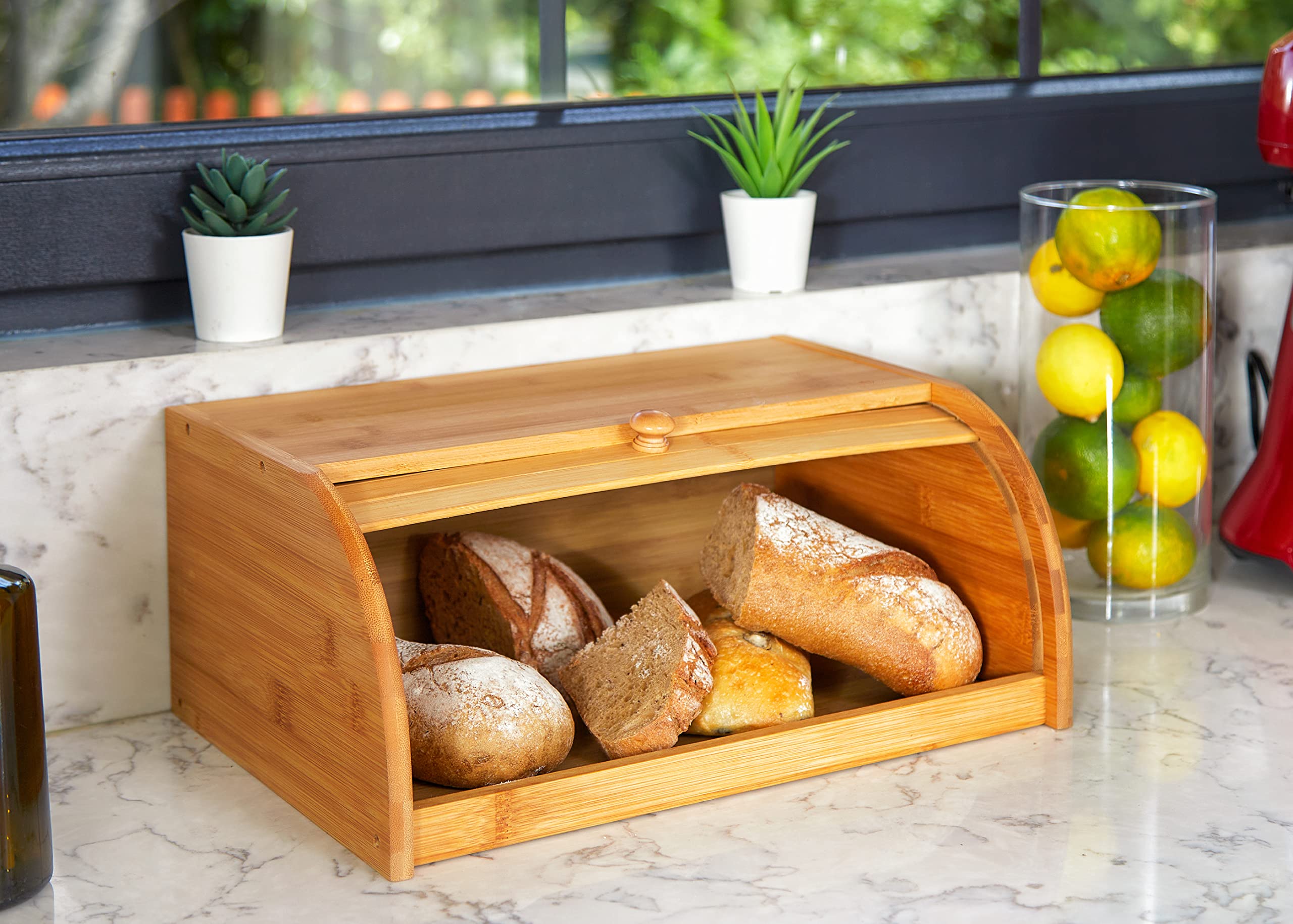 RoyalHouse bamboo roll-top bread box lid open, easy access for daily use.