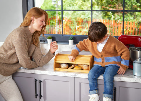 RoyalHouse bamboo roll-top bread box top view, elegant natural finish enhances decor.