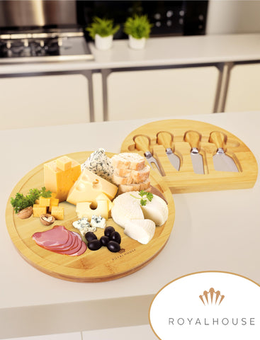 RoyalHouse cheese board with slide-out drawer and knives in use