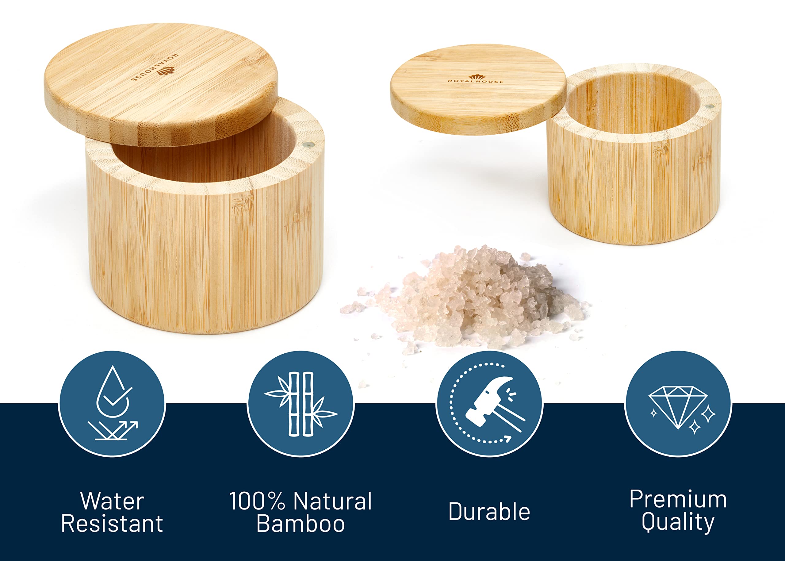 RoyalHouse salt and pepper holder with swivel lid for mess-free seasoning.