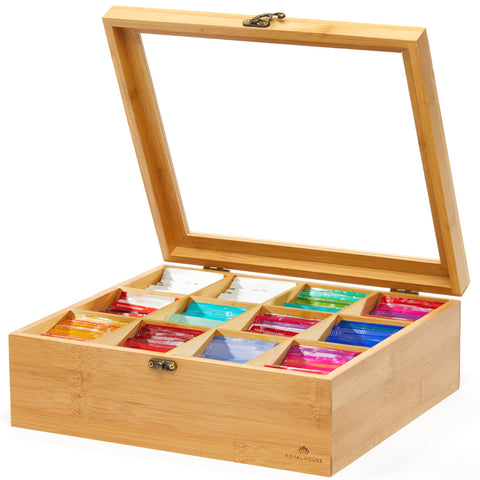 RoyalHouse bamboo tea storage organizer with clear top window for easy tea selection