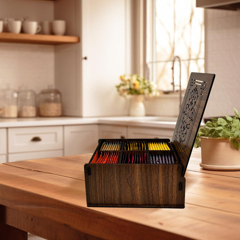 RoyalHouse brown tea storage with lid open for easy access.