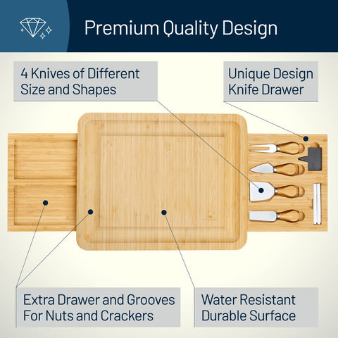 RoyalHouse cheese board with drawers opened reveals four knives for easy tasting