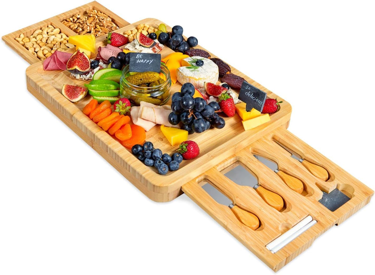 RoyalHouse cheese board front view; durable bamboo surface for elegant charcuterie displays.