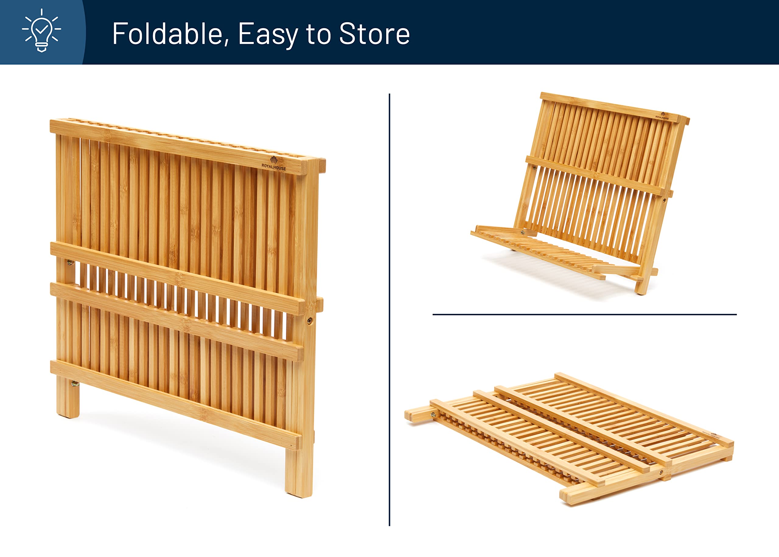 RoyalHouse compact bamboo rack keeps dishes neatly organized on small countertops.