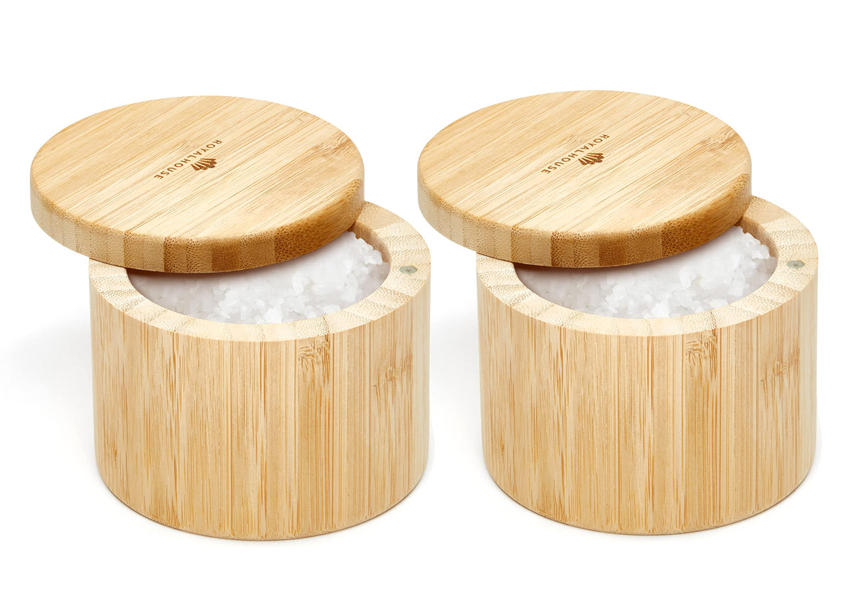 RoyalHouse bamboo salt cellar with magnetic lid for easy access and freshness.