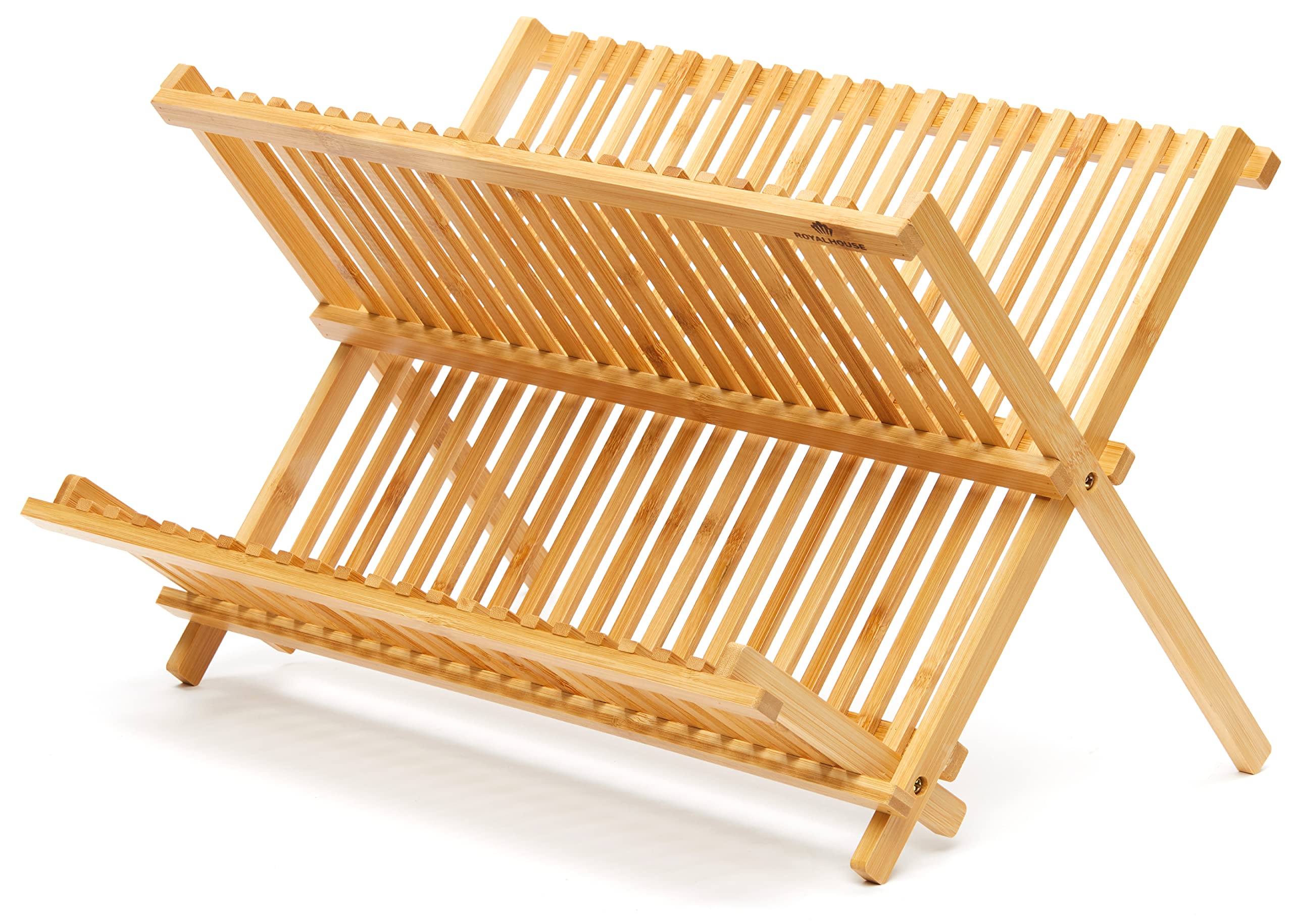 RoyalHouse premium bamboo dish rack on counter with natural finish and air-drying efficiency.