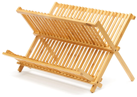 RoyalHouse premium bamboo dish rack on counter with natural finish and air-drying efficiency.