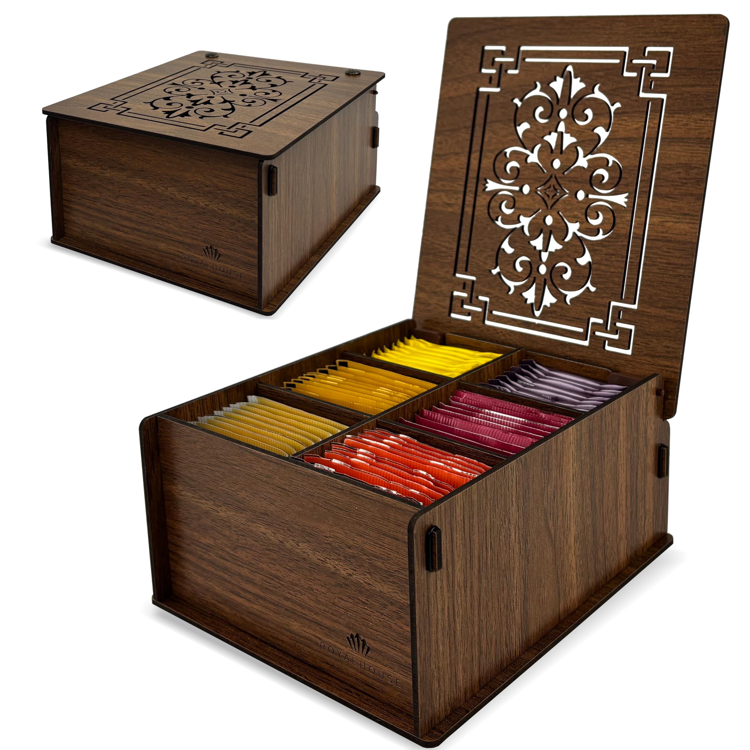 RoyalHouse premium wood tea storage box front view shows organized tea bags.