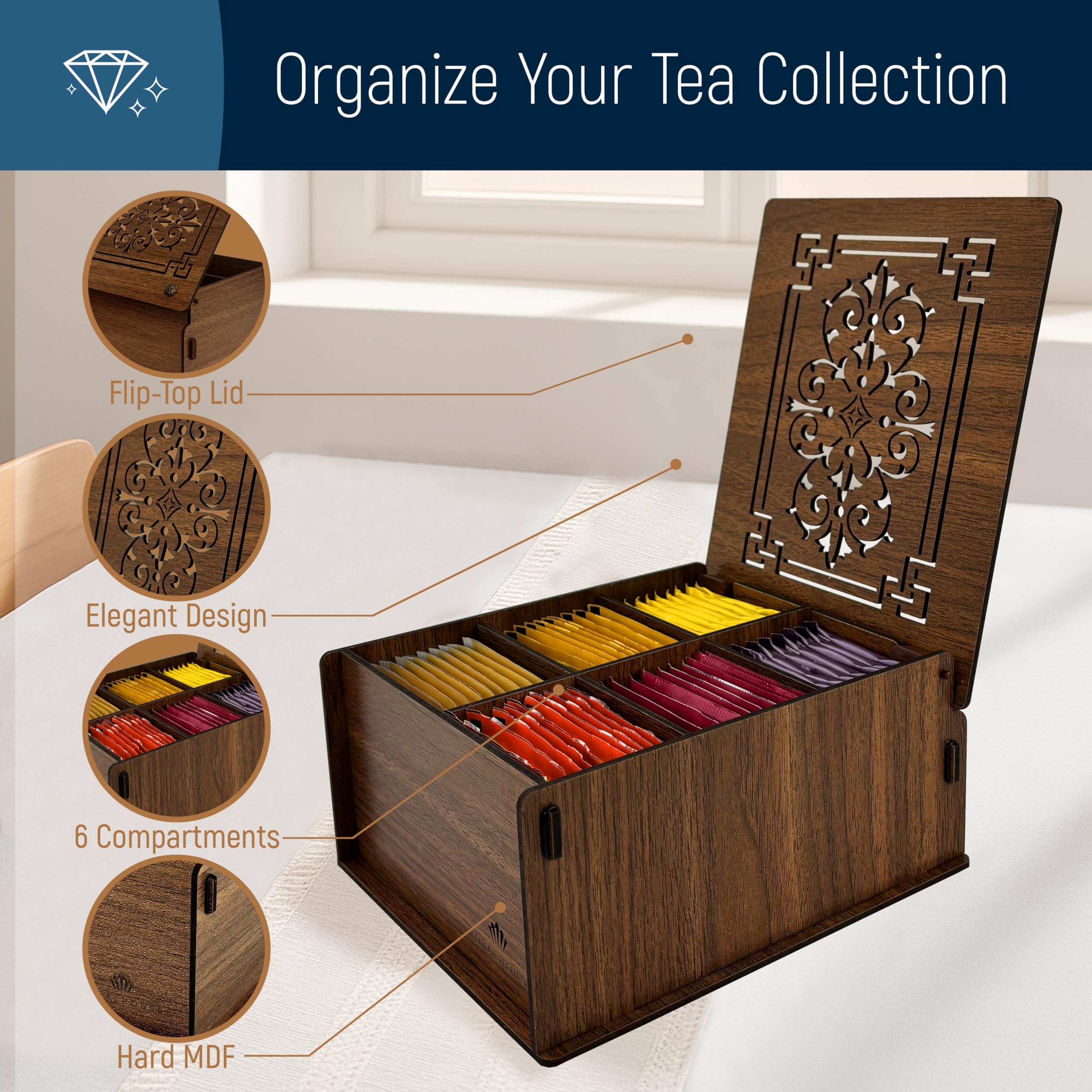 RoyalHouse premium wood tea storage box top view emphasizes compact, space-saving design.