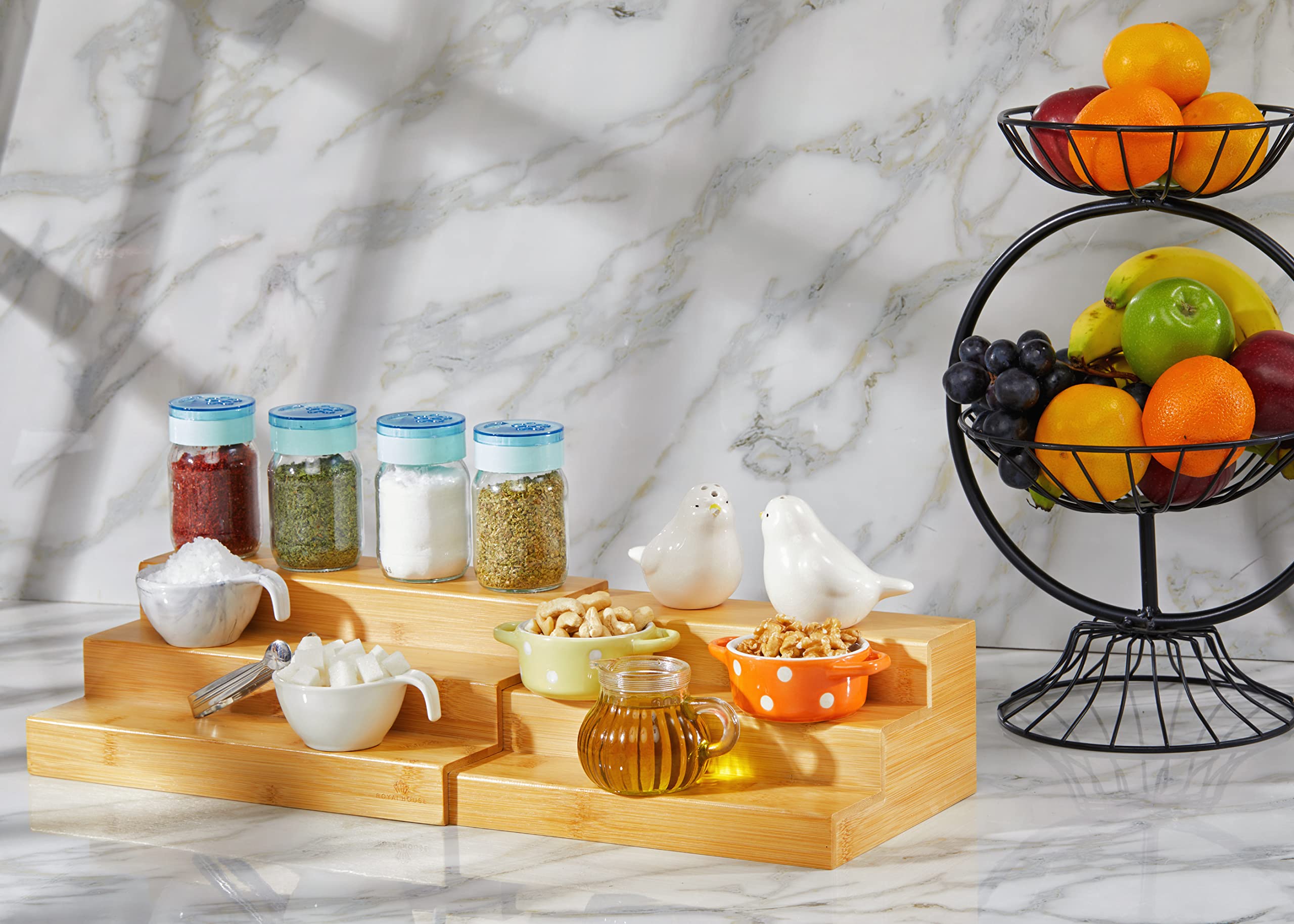 RoyalHouse spice rack in pantry keeps cans and seasonings organized.