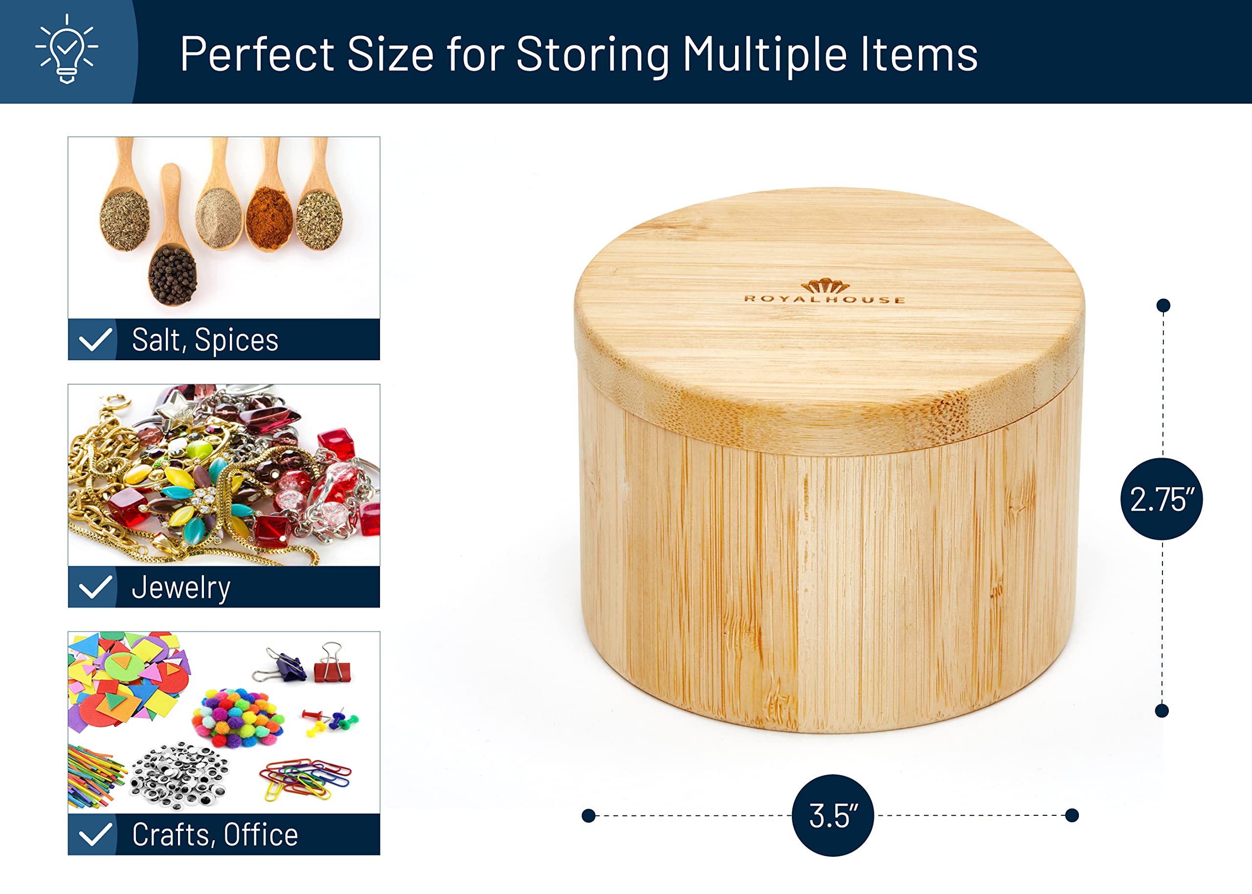 RoyalHouse bamboo storage box with swivel lid for spices and herbs.