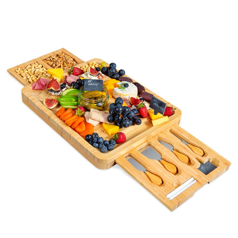RoyalHouse unique bamboo cheese board with slide-out drawers for elegant charcuterie at gatherings