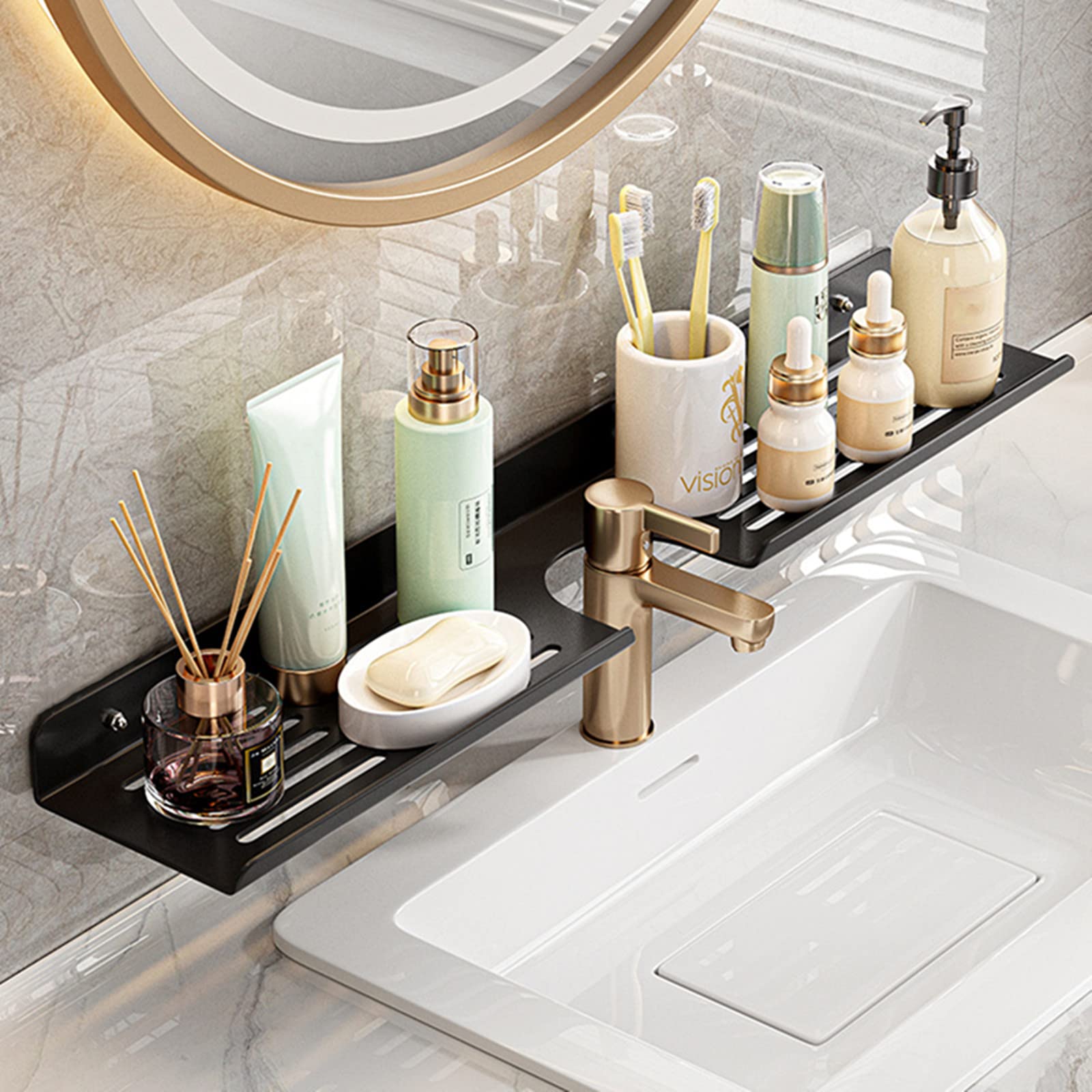 ROYALITA clear shelf in use over sink offers neat organization