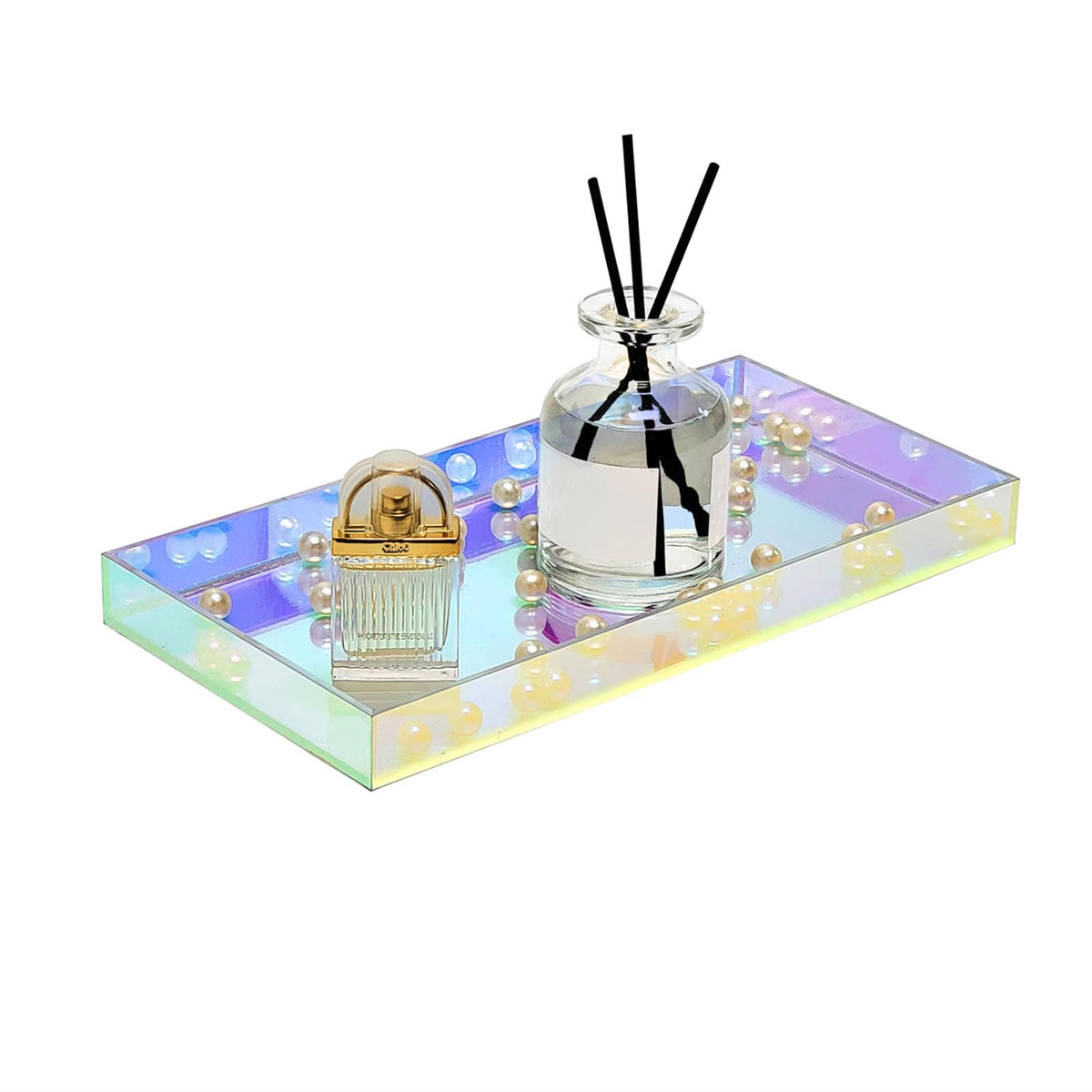 ROYALITA iridescent acrylic vanity tray on bathroom counter for organized essentials