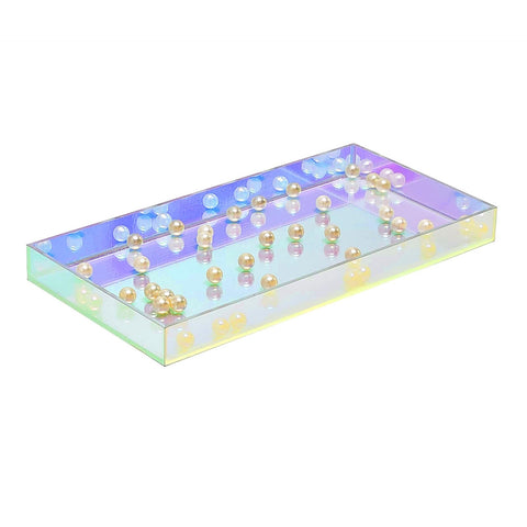 Close-up of ROYALITA iridescent acrylic vanity tray showing shimmer finish