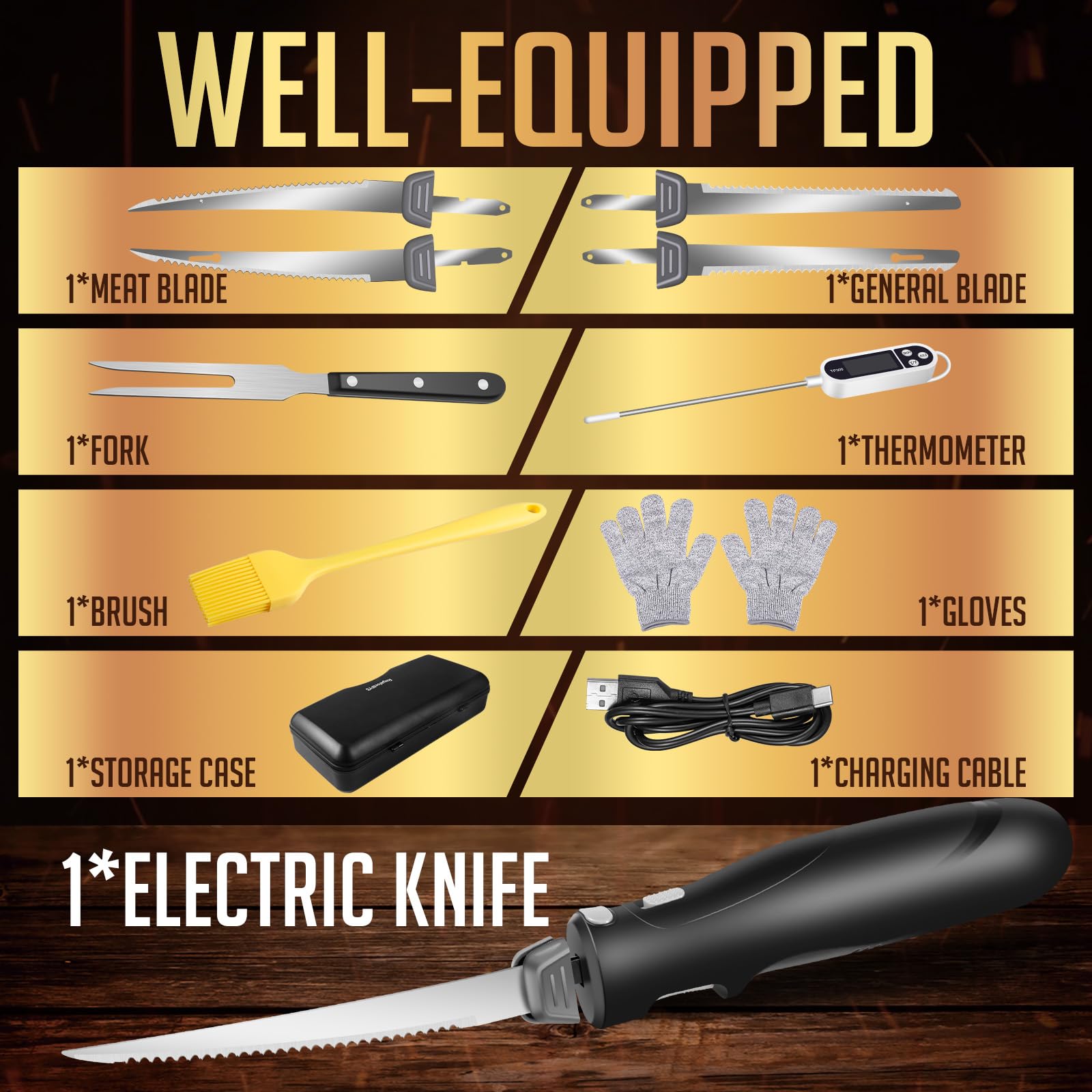 Royalsellpro included-accessories set includes thermometer, oil brush, gloves, and forks.