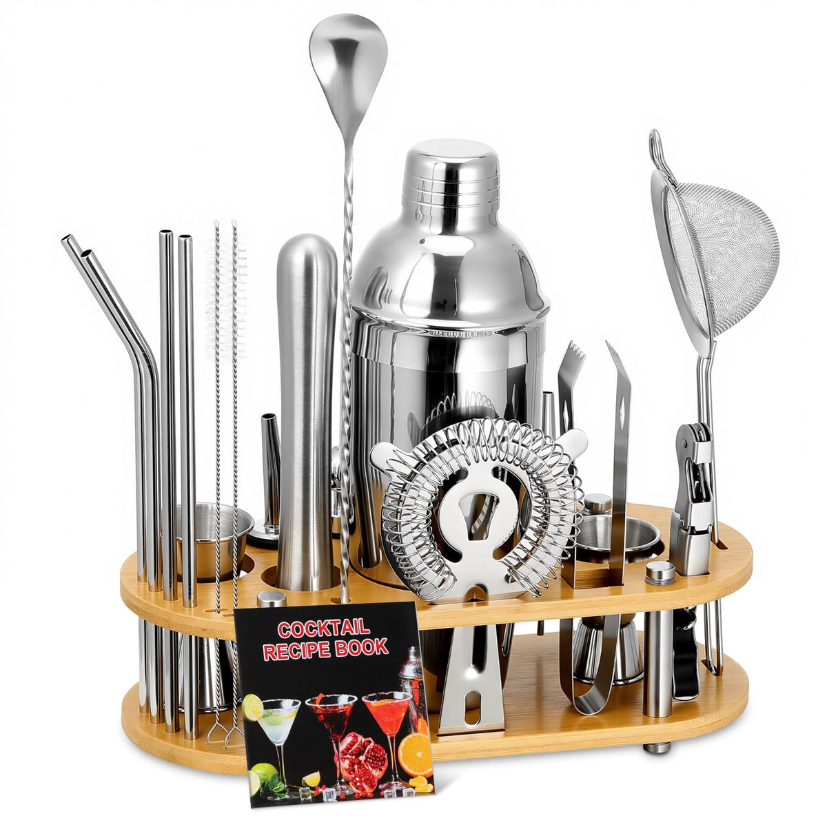 Roylvan Bartender Kit on bamboo stand keeps your home bar organized and stylish.