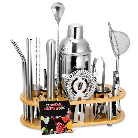 Roylvan Bartender Kit on bamboo stand keeps your home bar organized and stylish.