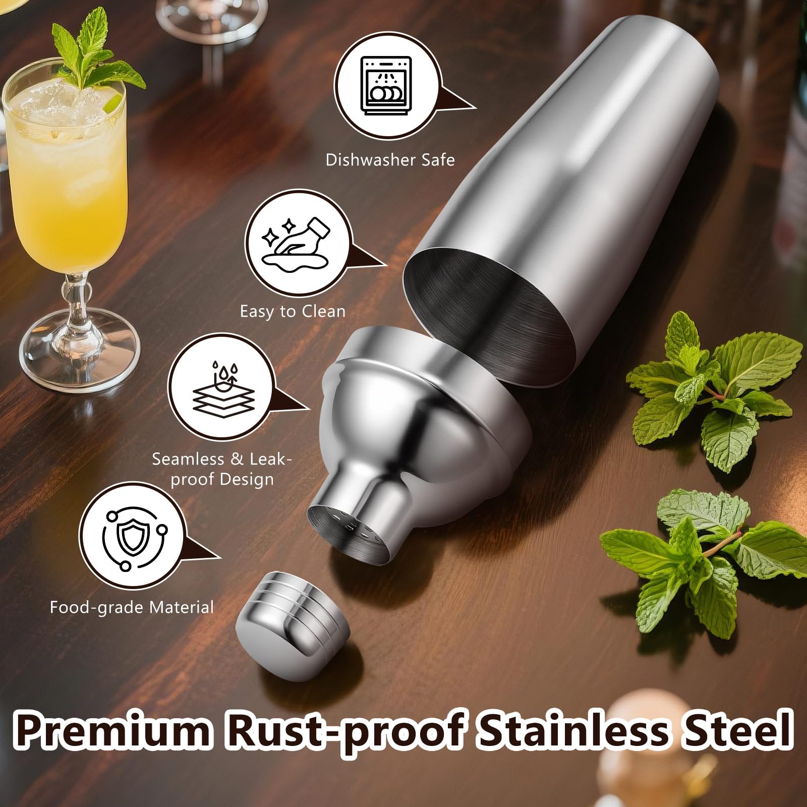 Roylvan jiggers and measures emphasize precise pours for consistent cocktails.