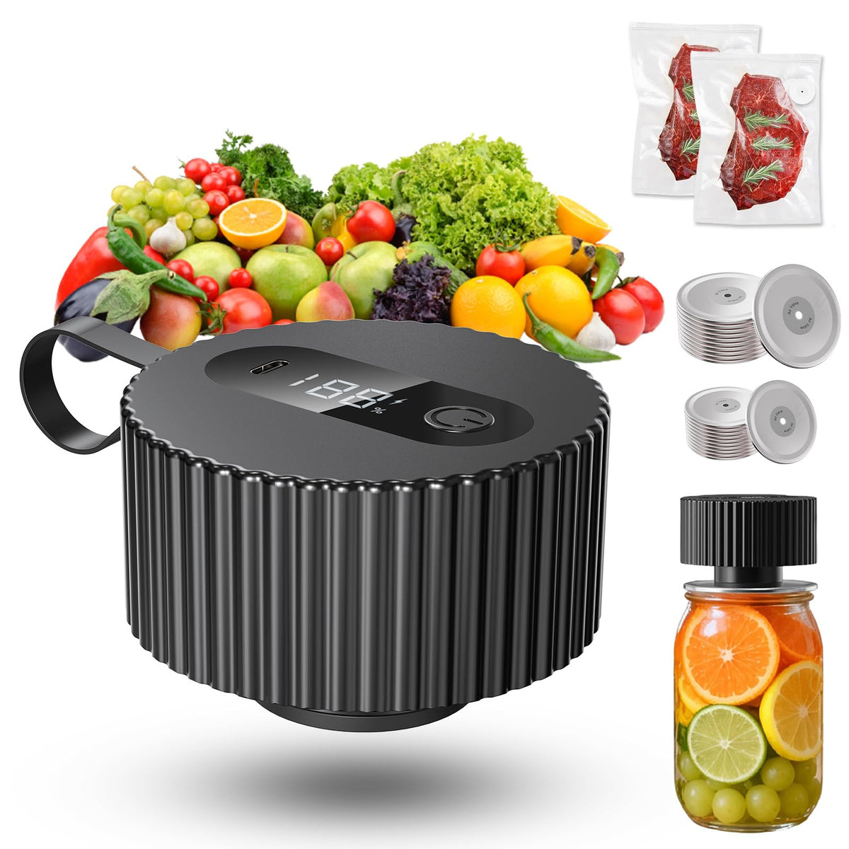 RPMTUK electric mason jar vacuum sealer in action sealing a jar for fresher leftovers.