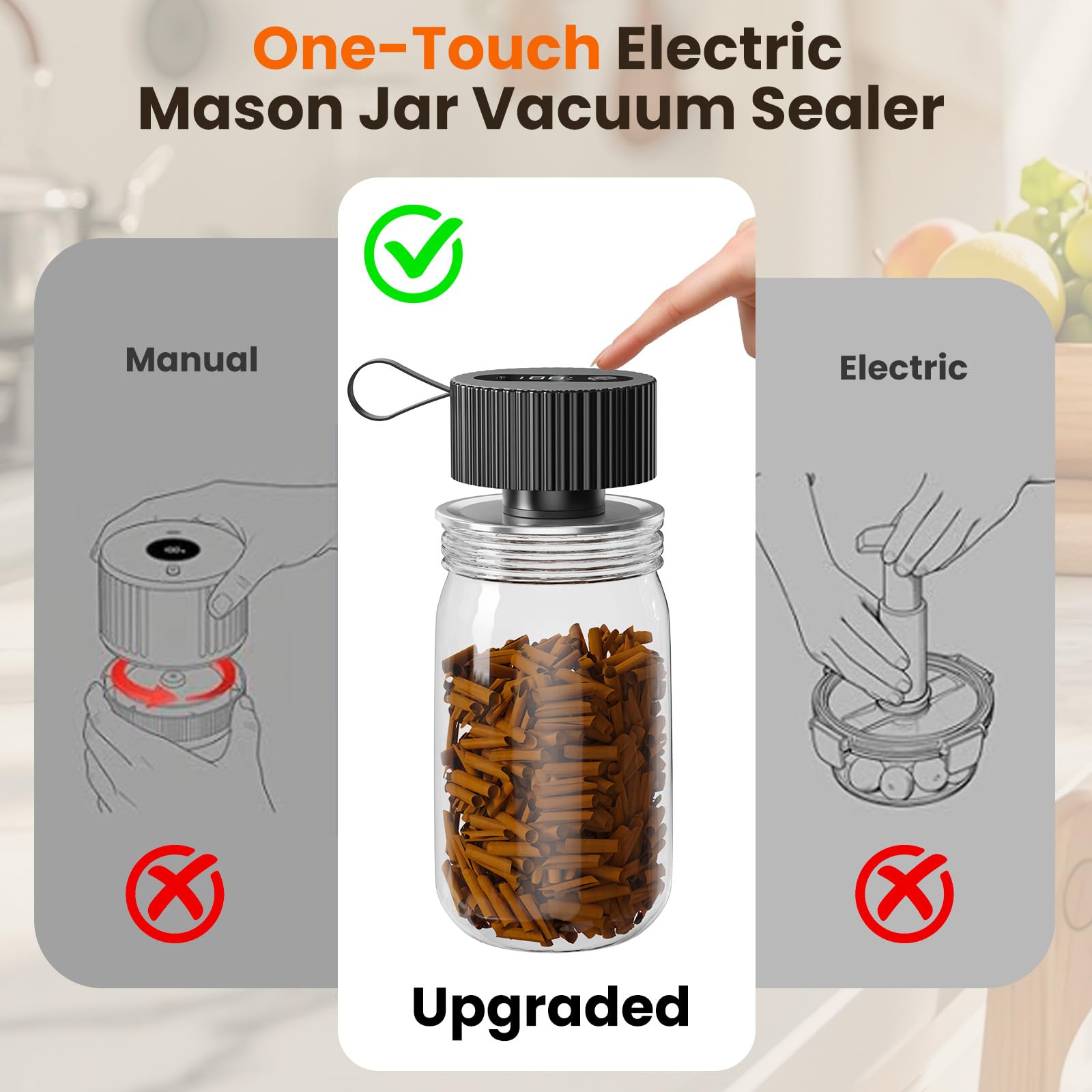 RPMTUK vacuum sealer LED display shows sealing time and battery status.