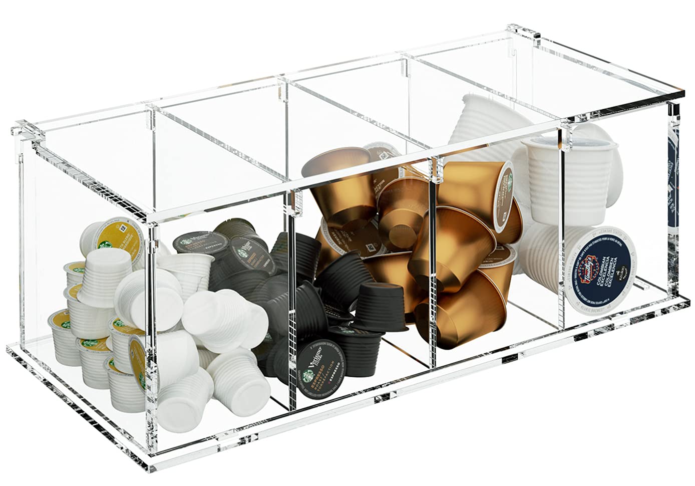 RR RAXMIN clear acrylic coffee capsule holder with four compartments for organized pods.