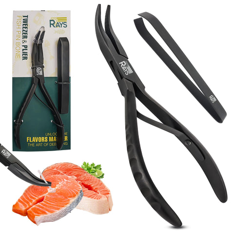 RRAYS fish bone pliers with serrated jaws remove bones from salmon fillets smoothly.