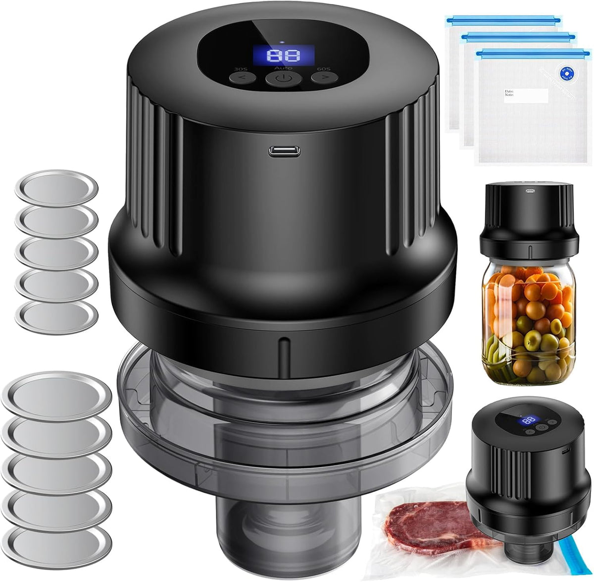 RROFKA Mason Jar Vacuum Sealer Kit on counter shows compact design for easy storage.