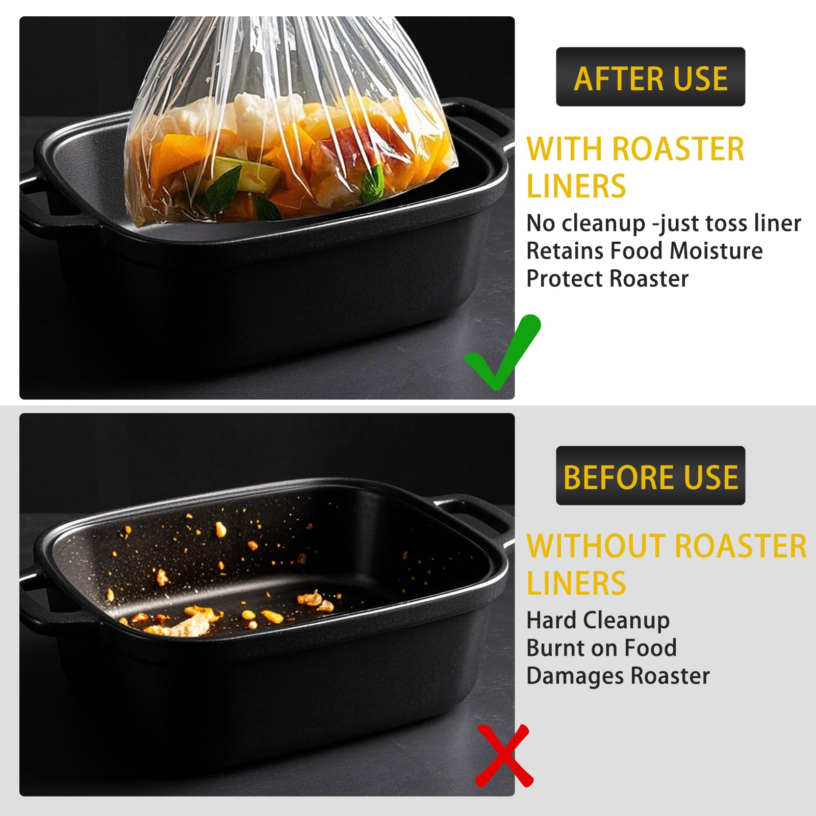 RSSCIIIUL roaster liners in oven ready for prep and easy cleanup.