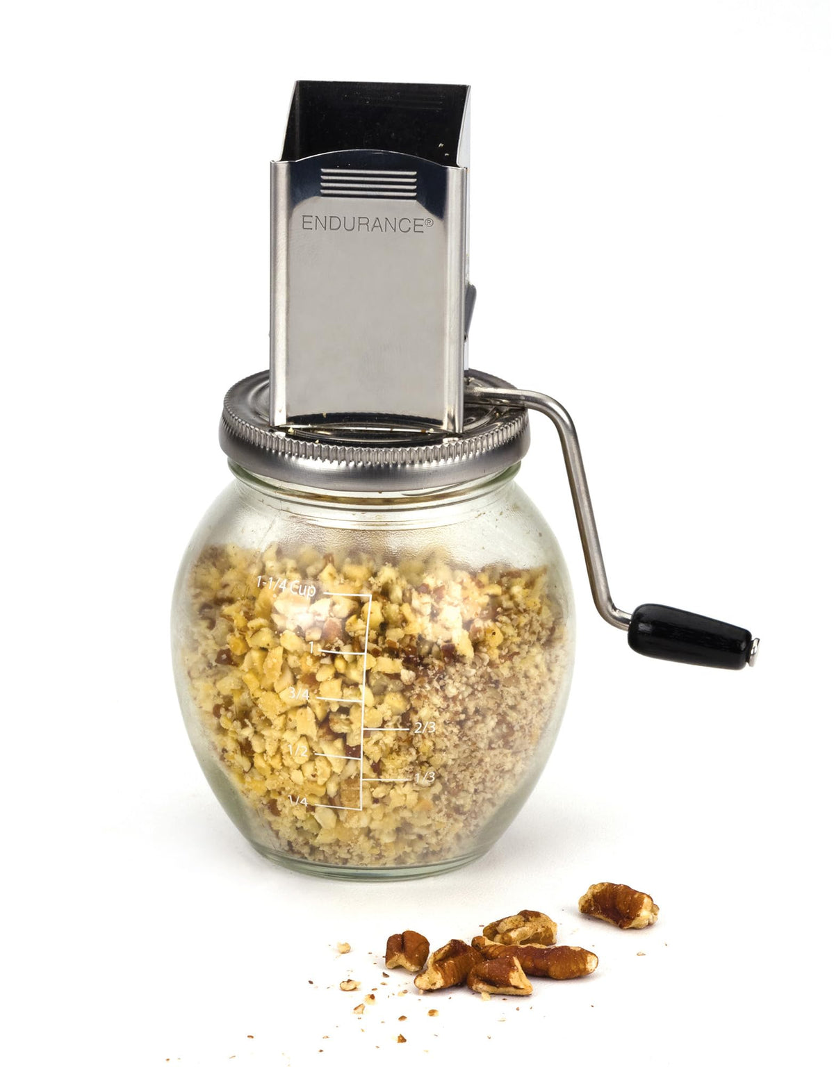 RSVP Endurance nut grinder with glass bottom jar for precise grinding and visibility.