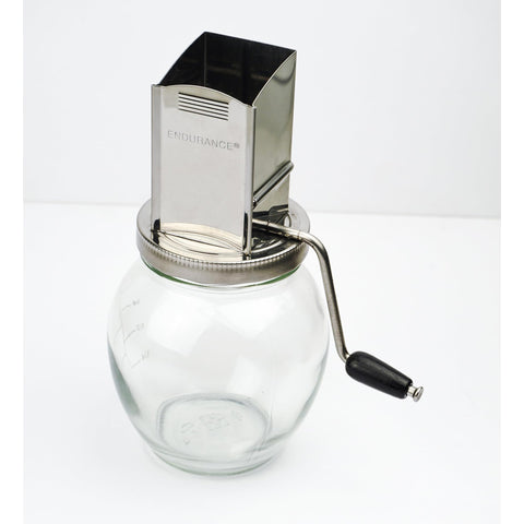RSVP Endurance stainless steel hopper ensures durable grinding for various nuts.