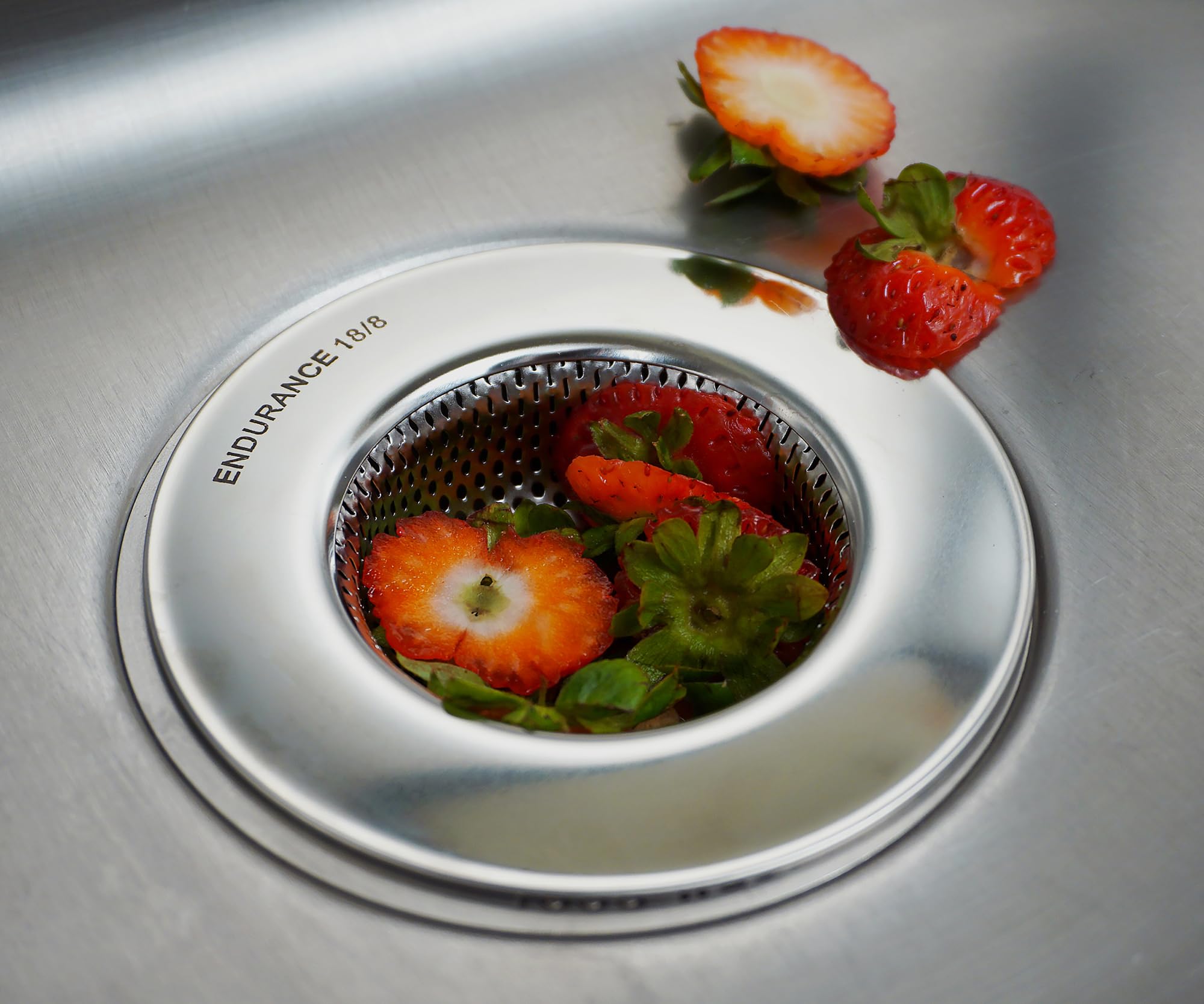 Flush rim design on RSVP Endurance sink strainer sits against the sink