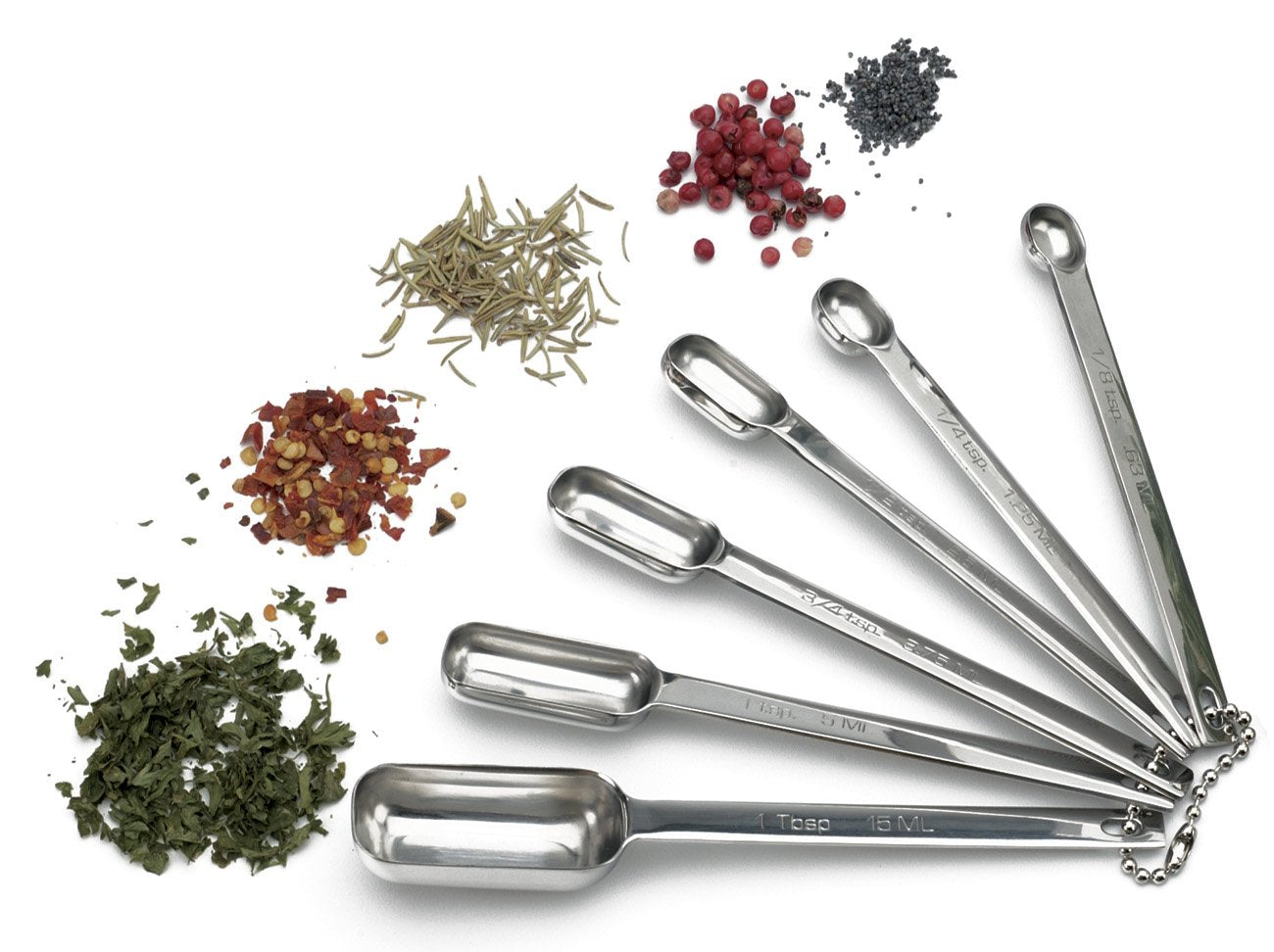 RSVP Endurance spice spoons with stamped-measurements for quick, precise dosing.