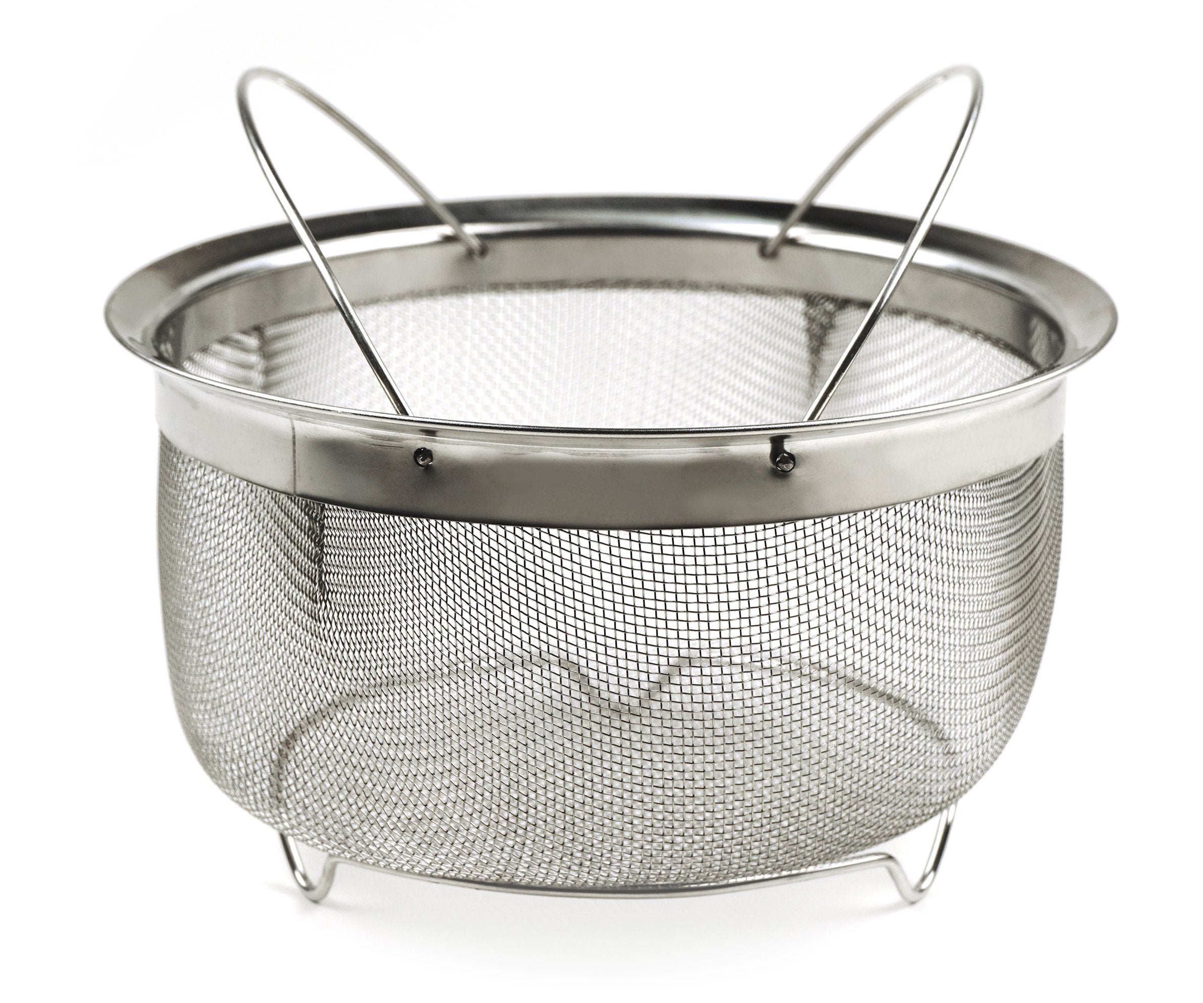 RSVP International mesh colander basket with folding handles, ideal for steaming and quick lifting.