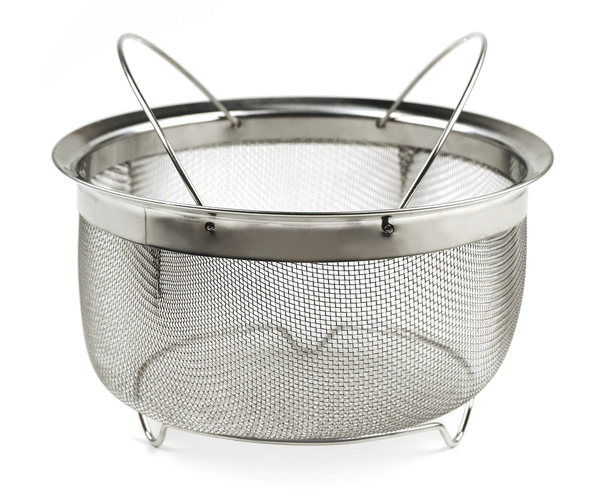 RSVP International mesh colander basket with folding handles, ideal for steaming and quick lifting.