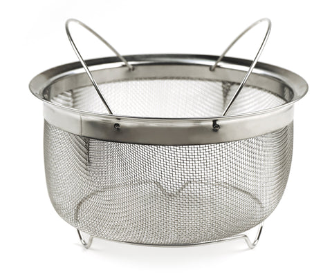 RSVP International mesh colander basket with folding handles, ideal for steaming and quick lifting.