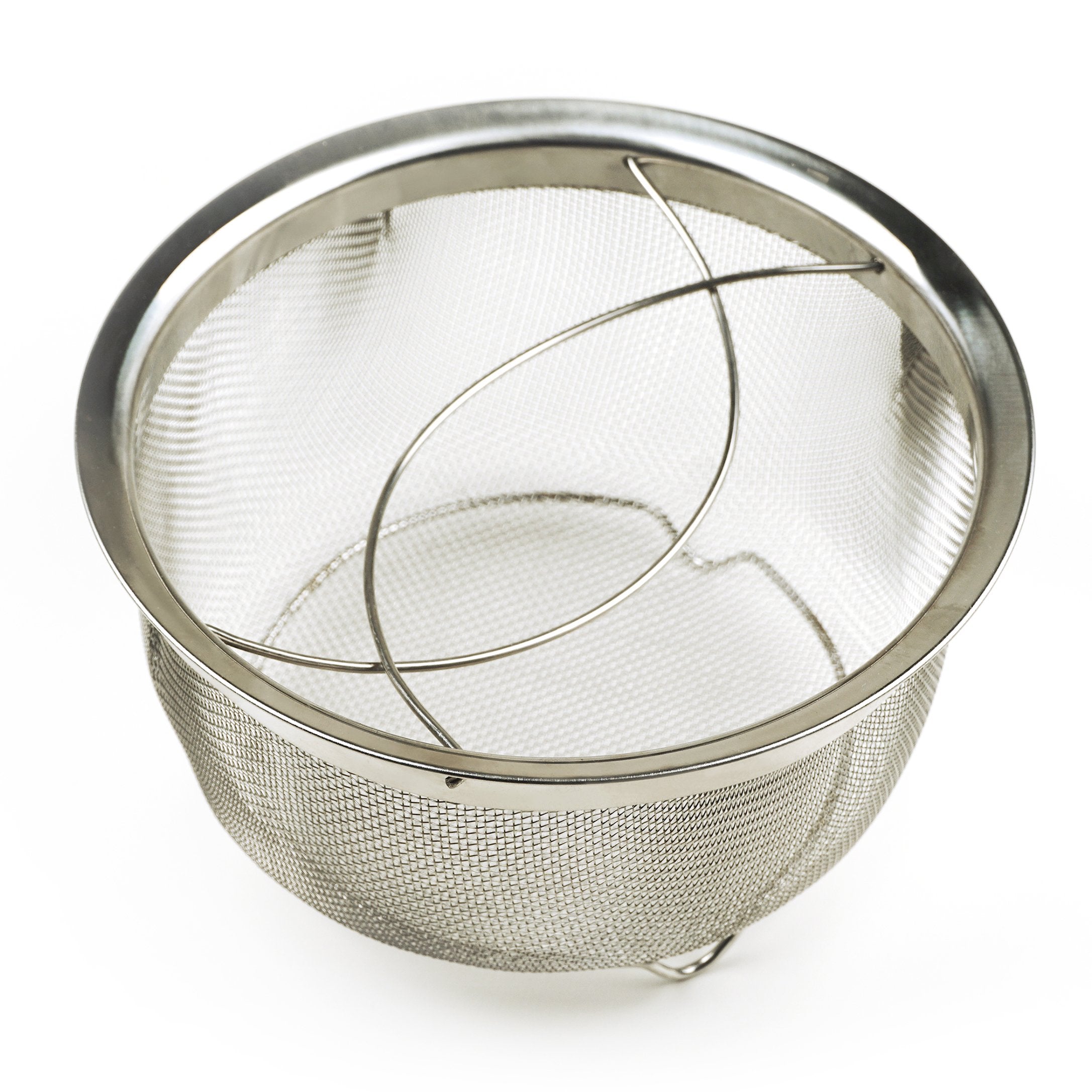 RSVP International stainless steel mesh basket serves as steamer for vegetables and dumplings.